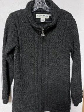 Aran Mór Women's Merino Wool Dark Gray Cable Knit Zip Cardigan Medium
